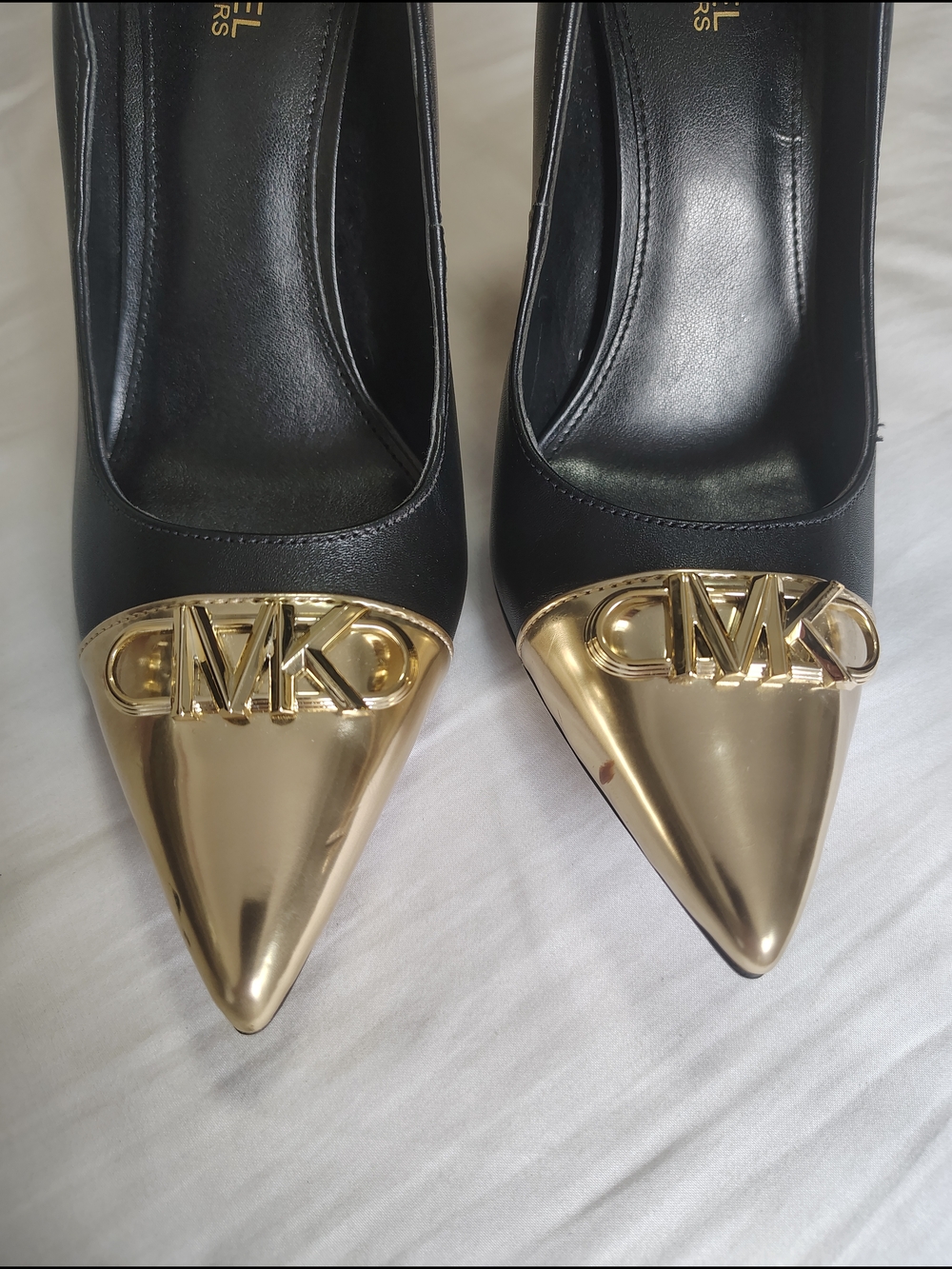 Michael Kors Black Leather Pointed Toe Pumps with Gold Caps - Picture 13 of 15